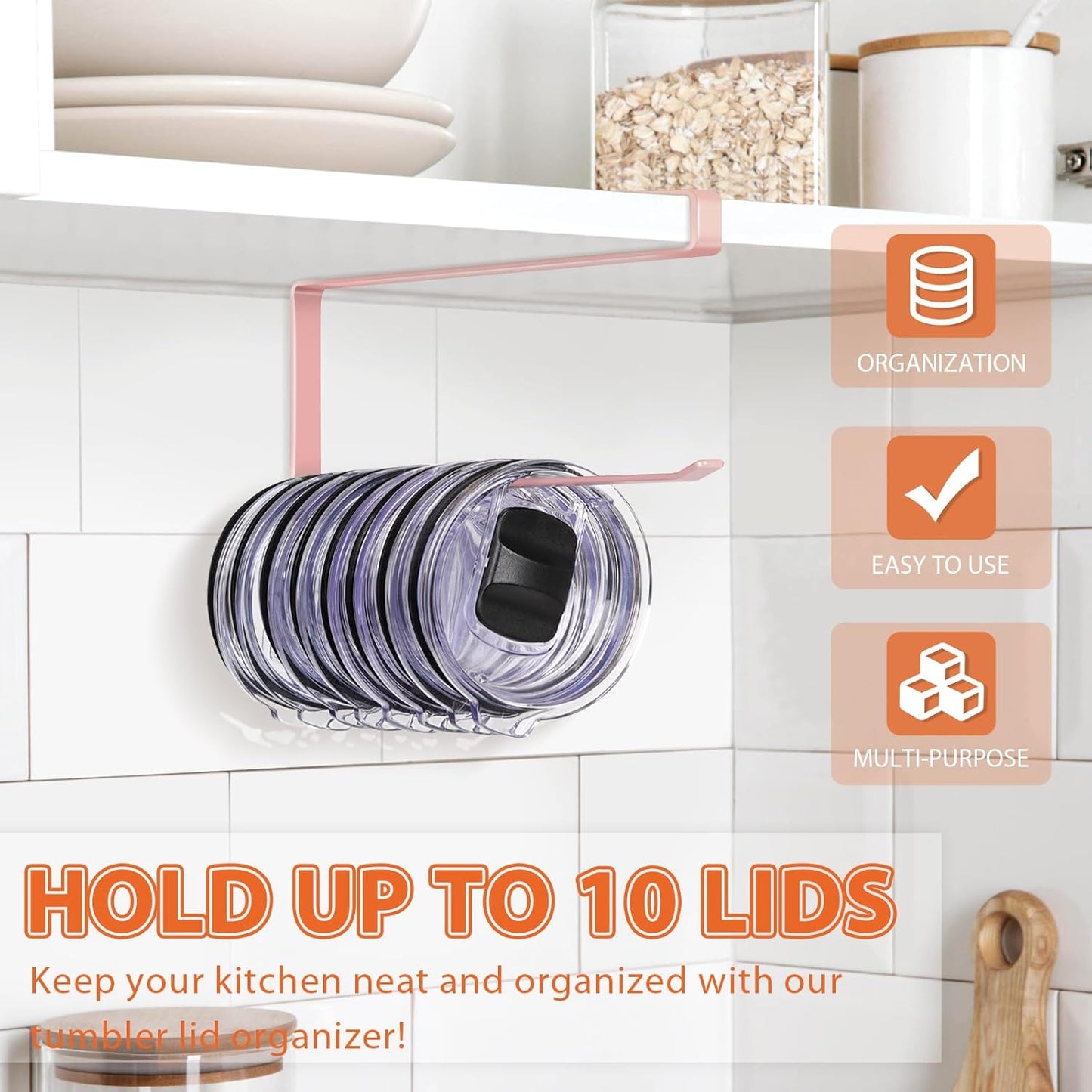 Tumbler Lid Organizer, Horizontal Tumbler Lid Storage Hook Up to 10 Lids, Space Saving Cup Lid Holders Under Cabinet Tumbler Lid Hook for Kitchen Organizer and Storage, Paper Towel Rack Hanger (Pink)