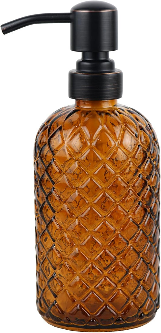 16 oz Glass Soap Dispenser with Stainless Steel Vintage Brushed Bronze Pump Head, Refillable Gemstone Pattern Soap Dispenser for Hand Soap, Dish Soap, and Lotion (Amber)