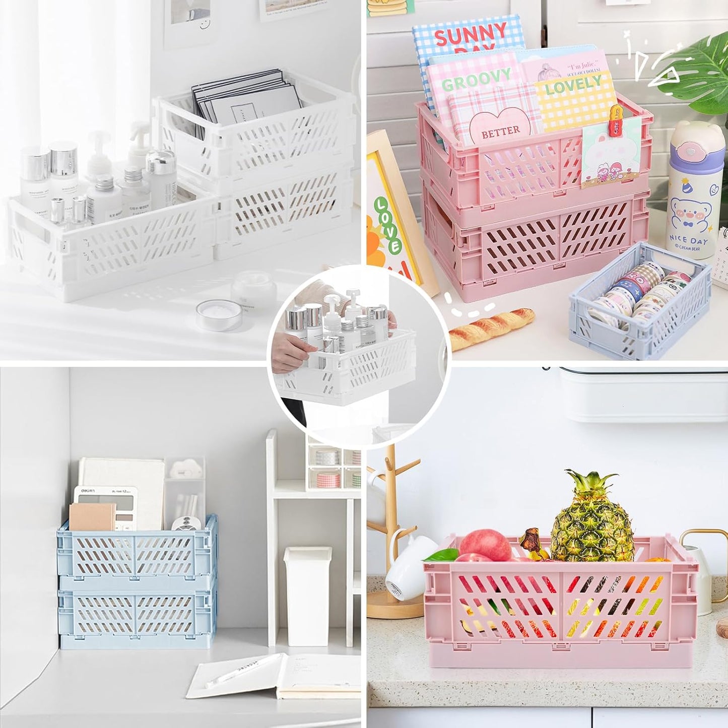 Plastic Storage Baskets for Desk Organizing, Office Drawer Organizer, 2 Medium+2 Small Durable Folding Storage Crate for Home Kitchen Classroom Office Bedroom and Bathroom Storage (White)