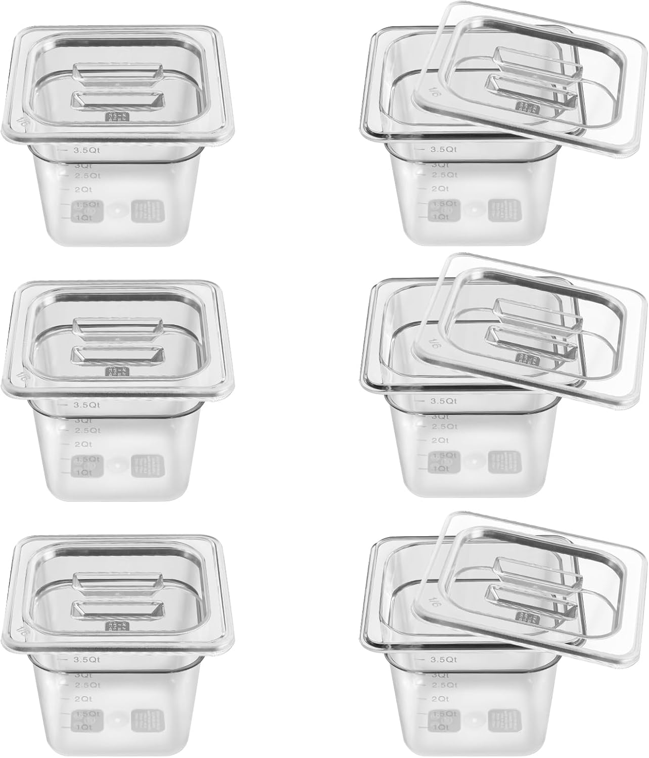 6 Pack 1/6 Size 6'' Deep Clear Food Pans with Lids, Commercial Food Pans Polycarbonate Transparent Food Storage Containers, Stackable Plastic Pan with Capacity Scale, Restaurant Supplies Hotel Pan