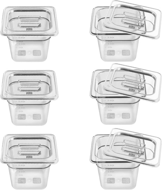 6 Pack 1/6 Size 6'' Deep Clear Food Pans with Lids, Commercial Food Pans Polycarbonate Transparent Food Storage Containers, Stackable Plastic Pan with Capacity Scale, Restaurant Supplies Hotel Pan