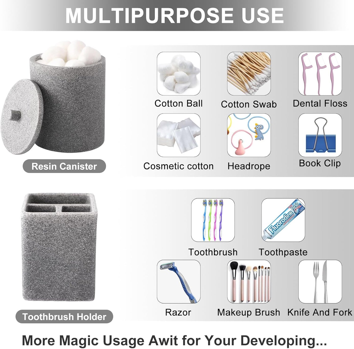 Resin 6 Pcs Gray Bathroom Set Complete with Toothbrush Holder, Lotion Soap Dispenser, 2 Qtip Holder Dispensers,Vanity Tray,Bathroom Tumbler - Countertop Vanity Organizer - Bathroom Accessories Set