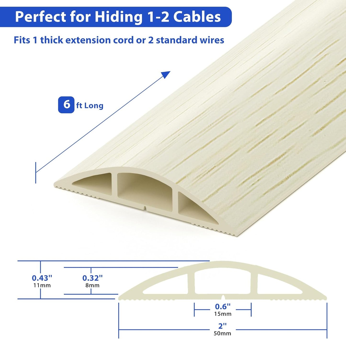 Floor Cord Cover 6ft, White Oak Wood Wire Hider Hide Extension Cords, Floor Cable Management Cover, PVC Cable Protector Cord Cavity W0.6in x H0.32in