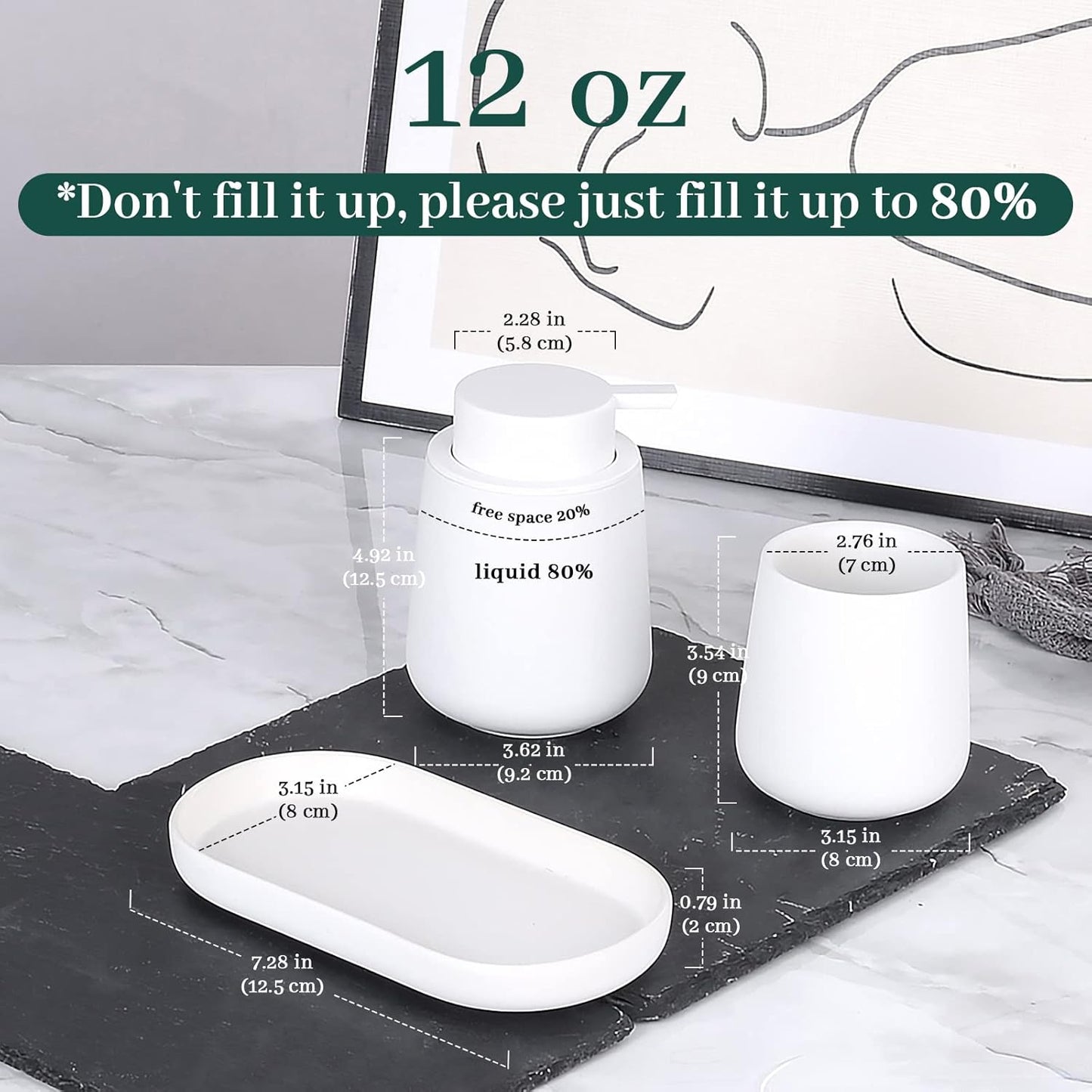 BosilunLife White Bathroom Accessory Set - 3 pcs Ceramic Bathroom Soap Dispenser Set Farmhouse Bathroom Decor Sets Accessories, Soap Dispenser and Toothbrush Holder, Tray (White Set - Liquid Pump)