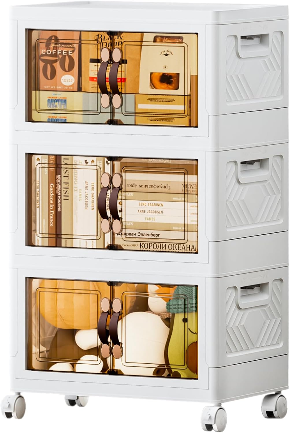 JEKO&JEKO 400Qt Stackable Storage Bins with Lids and Wheels, Foldable Collapsible Plastic Boxes for Clothes, Home, White, 3 Pack