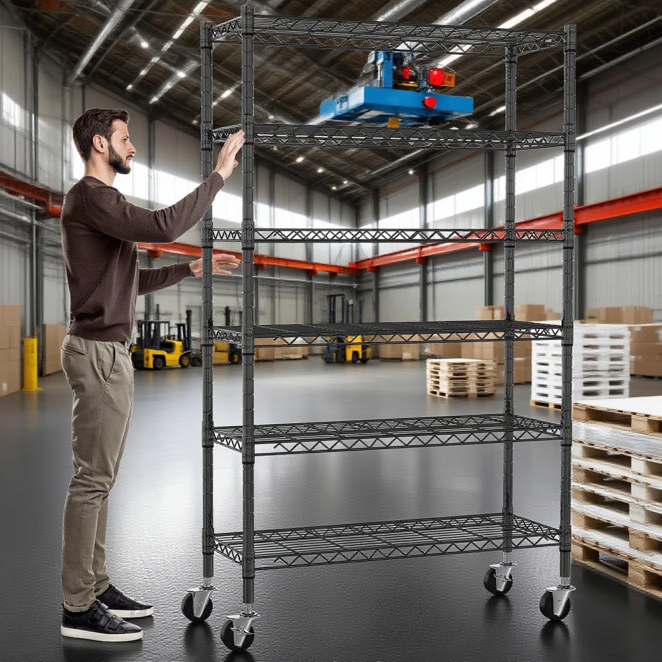 6-Tier Storage Shelves NSF Certified Wire Shelving Unit on Wheels Heavy Duty Metal Shelves Adjustable Steel Shelving 2100Lbs Capacity for Closet Pantry Basement- (18"x48"x82", Black)