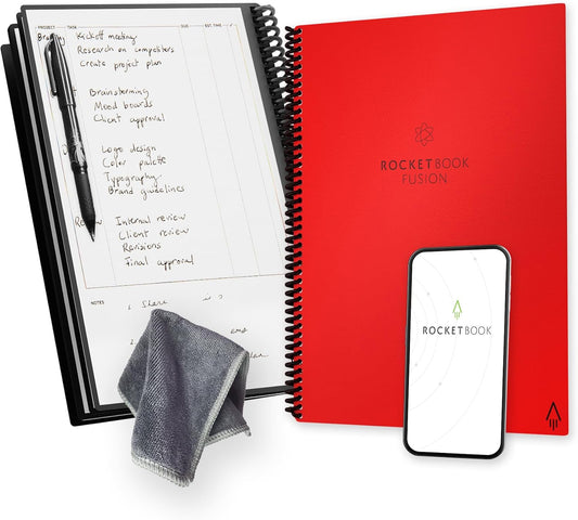 Rocketbook Fusion Reusable Undated Productivity Planner, Letter Size 8.5x11, Red - Goals, Monthly and Weekly Calendar, Daily To-do List, Lined and Dotted Notes Pages