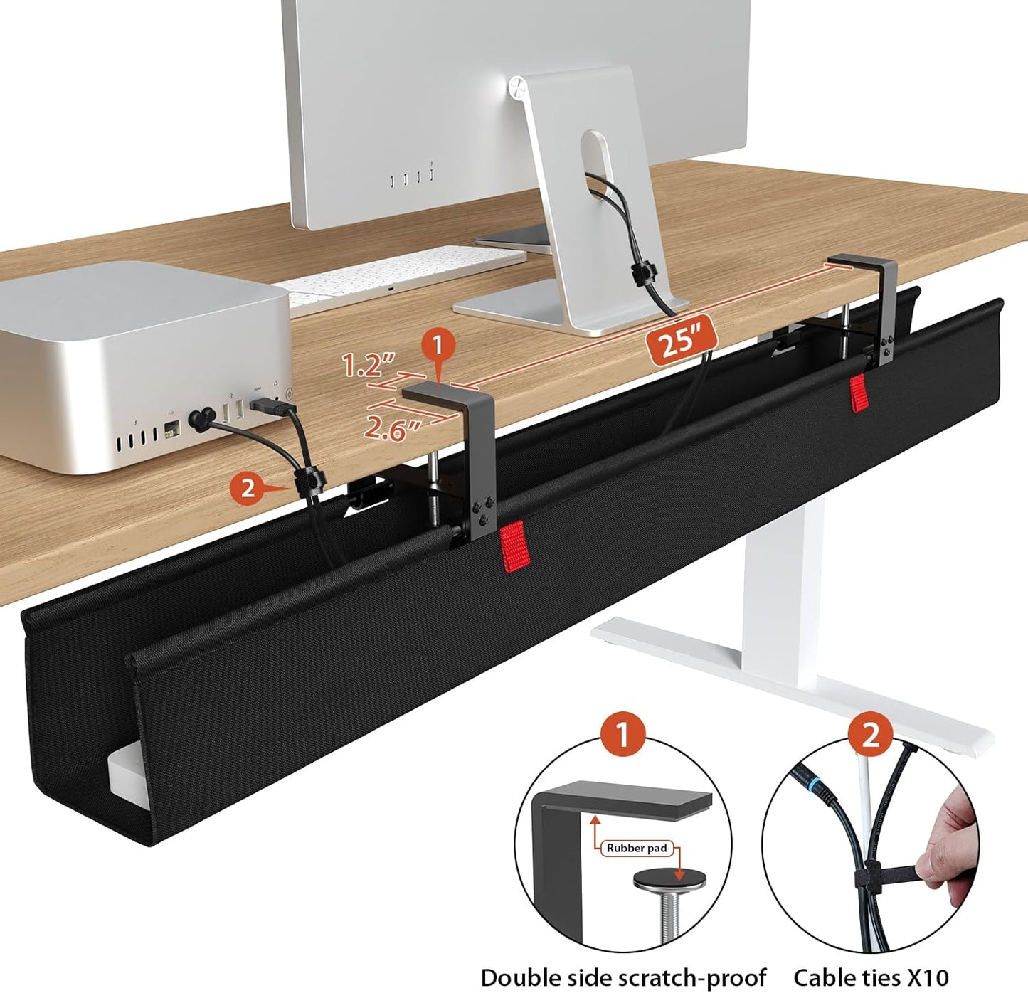 Univivi No Drill Under Desk Cable Management Tray, 48" Cord Organizer for Table, Clamp/Screw Mount Desk Cable Management, Premium Fabric Cable Management Tray for Office, Home (Extra Large)