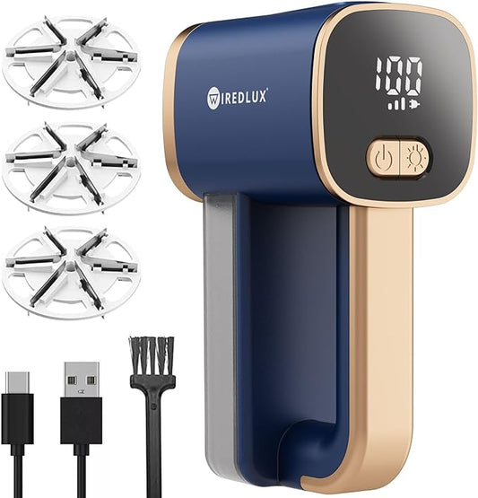 Electric Lint Remover - Rechargeable Fabric Shaver for Clothes & Couch - Adjustable 3-Speed, 6-Leaf Blade, LED Light, USB Charging - Depiller with Dual Protection (Cobalt Blue/Copper)