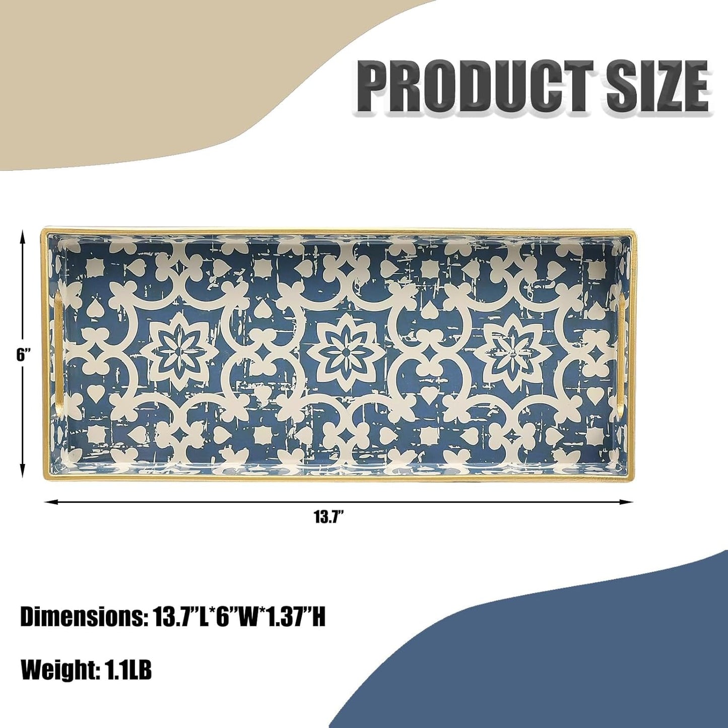 Bathroom Vanity Tray for Countertop, Small Plastic Toilet Tank Tray Versatile Storage & Organization Tray for Makeup, Perfume, Desk, Kitchen, Candles, 13.7"x6"x1.4", 35Boho1