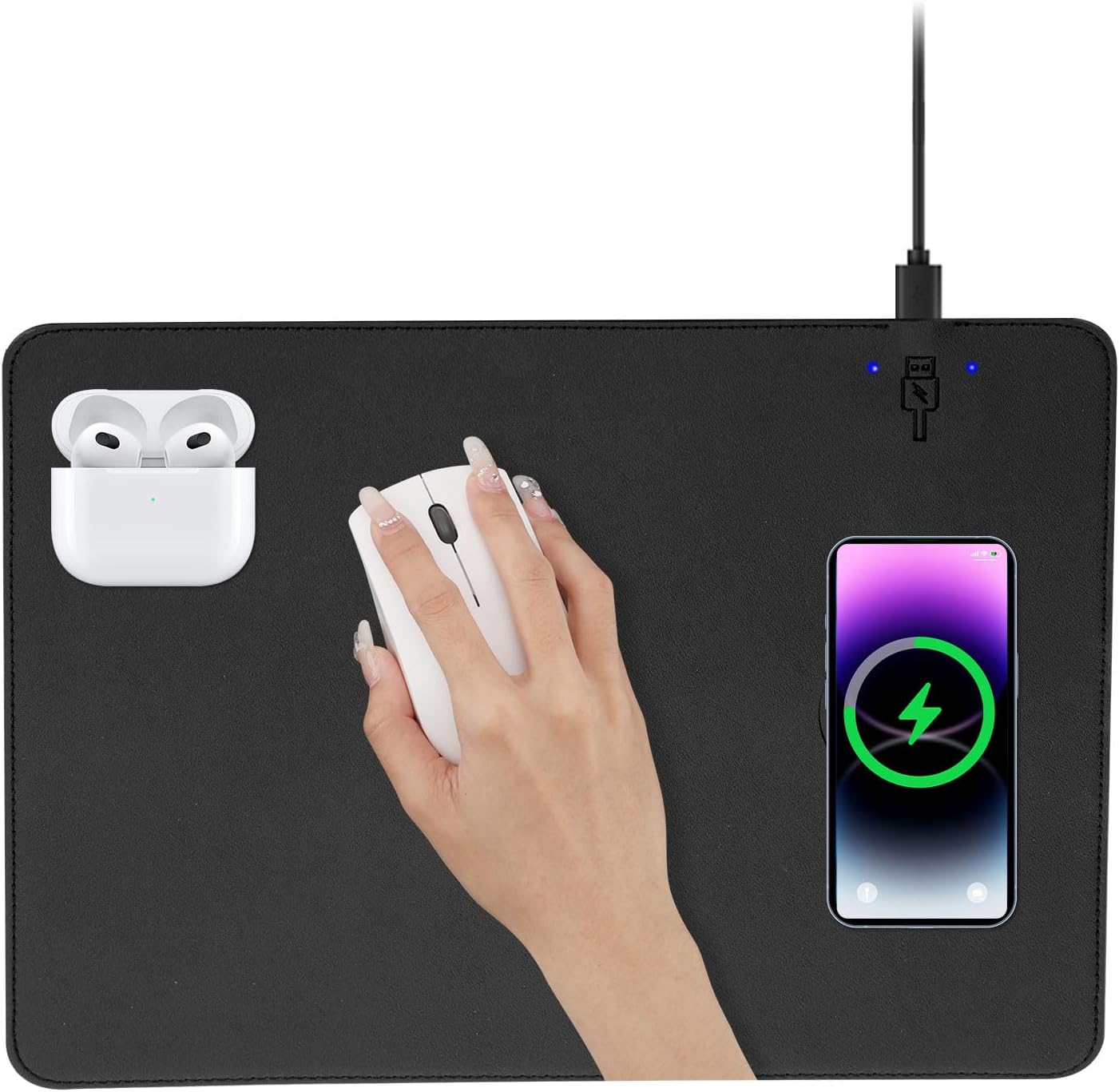 Wireless Charging Mouse Pad Firelison 2 in 1 Leather Multifunctional Office Desk Pad with Non-Slip Rubber Base, Waterproof Desk pad for Computers/Office/Work/Home/Decor（ 12" x 10"Black - R）