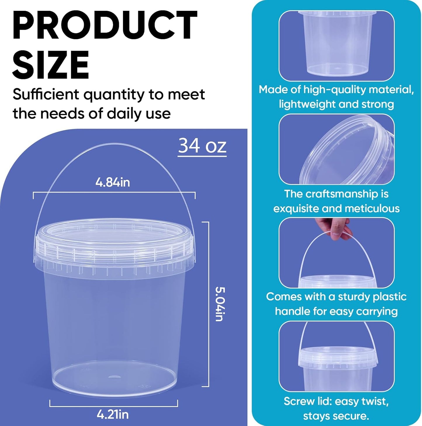 4Pack 34oz Clear Bucket with Lids - Plastic Food Storage Containers, Airtight Screw-On Lids - Freezer Safe Ice Cream Bucekts, Food Grade Reusable Containers for Kitchen