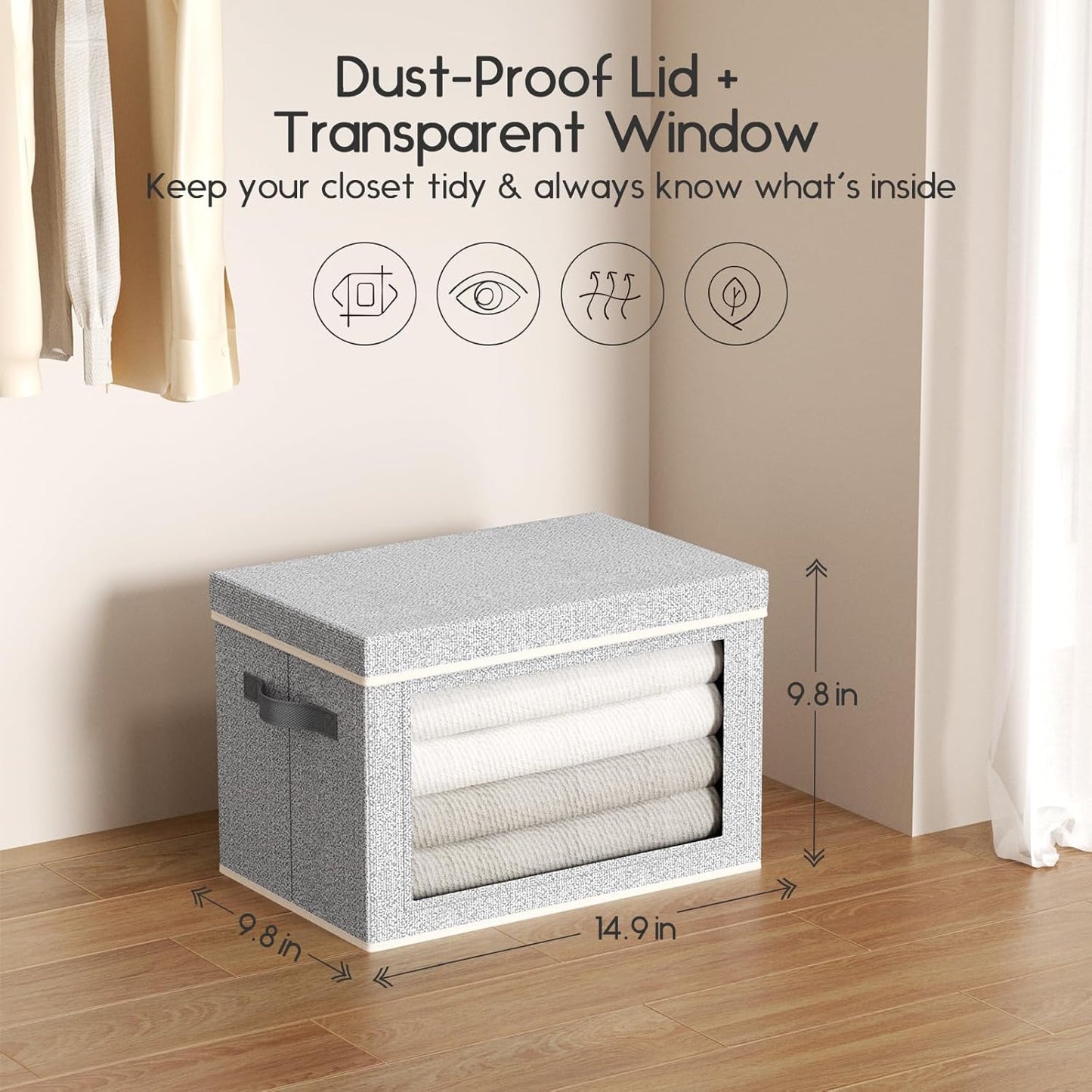 Collapsible Storage Bins with Lids - Stackable Storage Containers with Window, 3 Pack Fabric Bins for Closet, Home & Office Organization Baskets, Light Gray, 14.9" x 9.8" x 9.8"