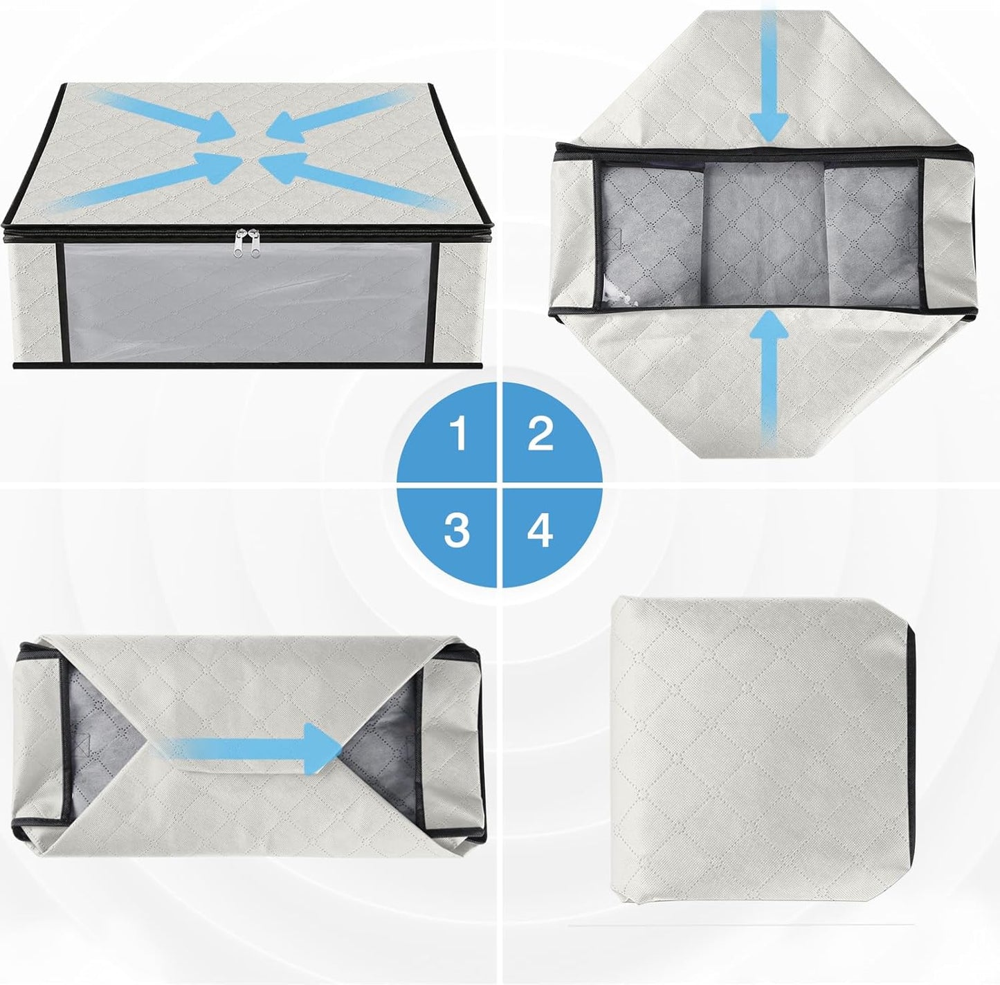 HomeHacks Storage 4-Pack Clothes Organizer Storage Bags Foldable Storage Box with Large Clear Window Sturdy Handles for Closet, Dorm, Pillows, Bedding, Clothes, Blankets, 35L, Ivory