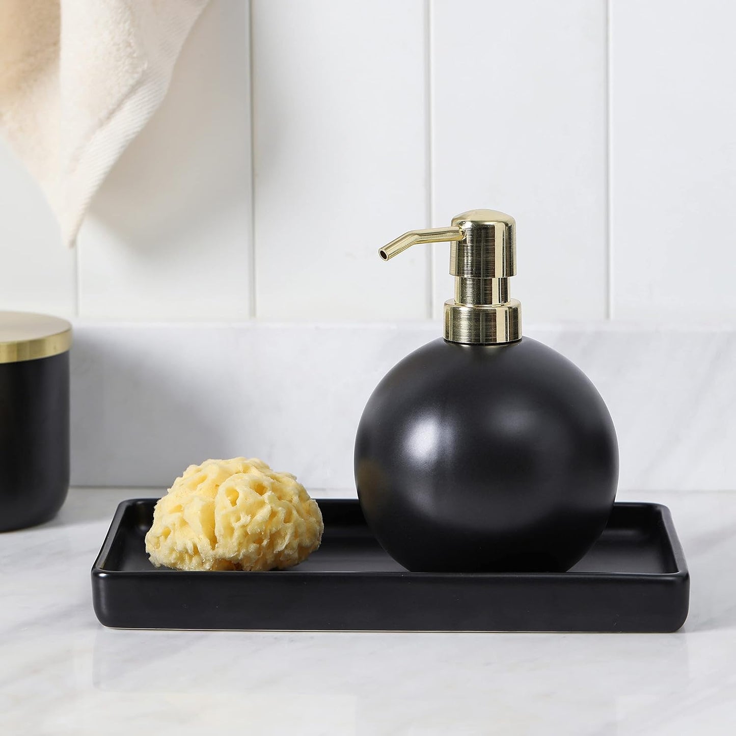 Bathroom Accessories Set, 5-Piece Ceramic Bath Accessory Complete Set with Lotion Dispenser/Soap Pump, Cotton Jar, Vanity Tray, Tumbler and Toothbrush Holder (Black and Gold)