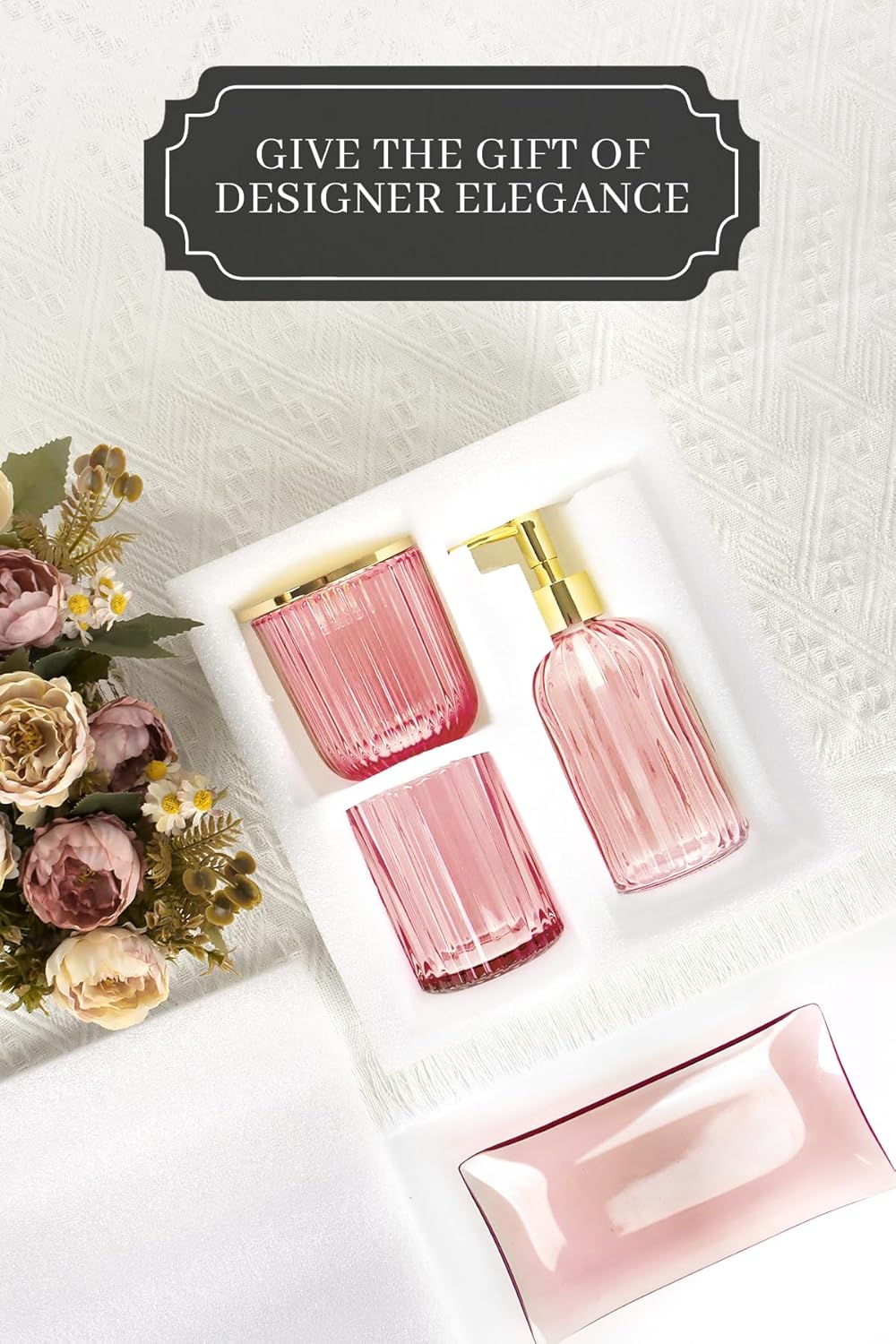 Designer Pink Glass Bathroom Accessories Sets - 4 Pcs with Lotion Soap Dispenser, Bathroom Toothbrush Holder, Vanity Tray, and Apothecary Jar, Vintage Bathroom Decor