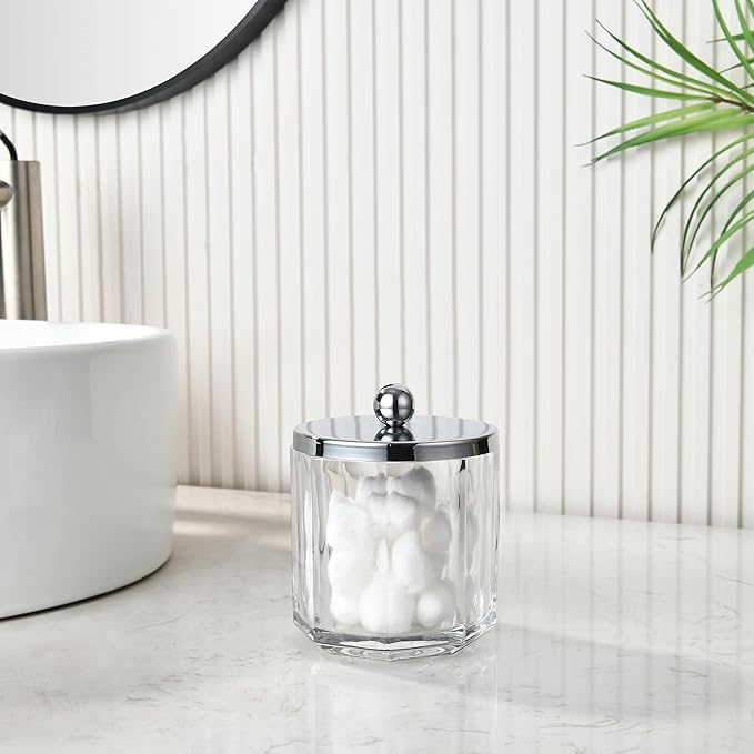 Clear Transparent Apothecary Octagional Shaped Glass Canister Jar With Silver/Chrome Metal Lid Cover for Bathroom Organization, Cotton Balls, Q Tips, and Small Accessories, Bath Storage