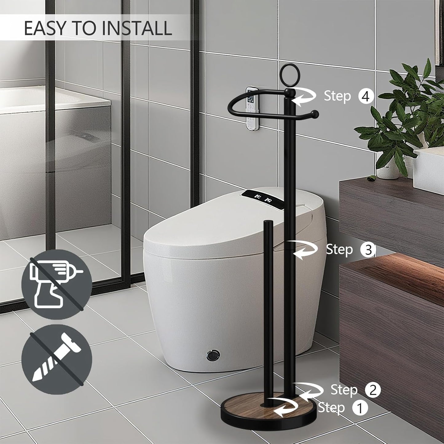 Toilet Paper Holder Free Standing with Storage 4 Rolls Stainless Steel Toilet Paper Holder Stand with Weighted Wood Grain Base Space-Saving Tissue Roll Holders for Bathroom Black