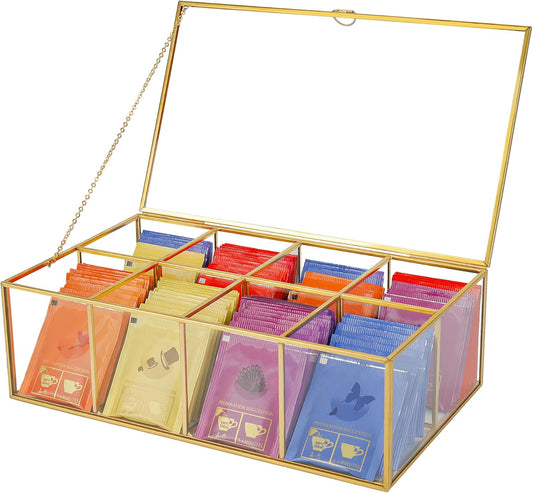 Glass Tea Bag Organizer with 8 Compartments, Handmade Large Tea Bag Storage Box for Counter Kitchen, Tea Bag Holder,Tea Storage Containers with Lid,Tea Accessories Gifts for Tea Drinkers,Gold
