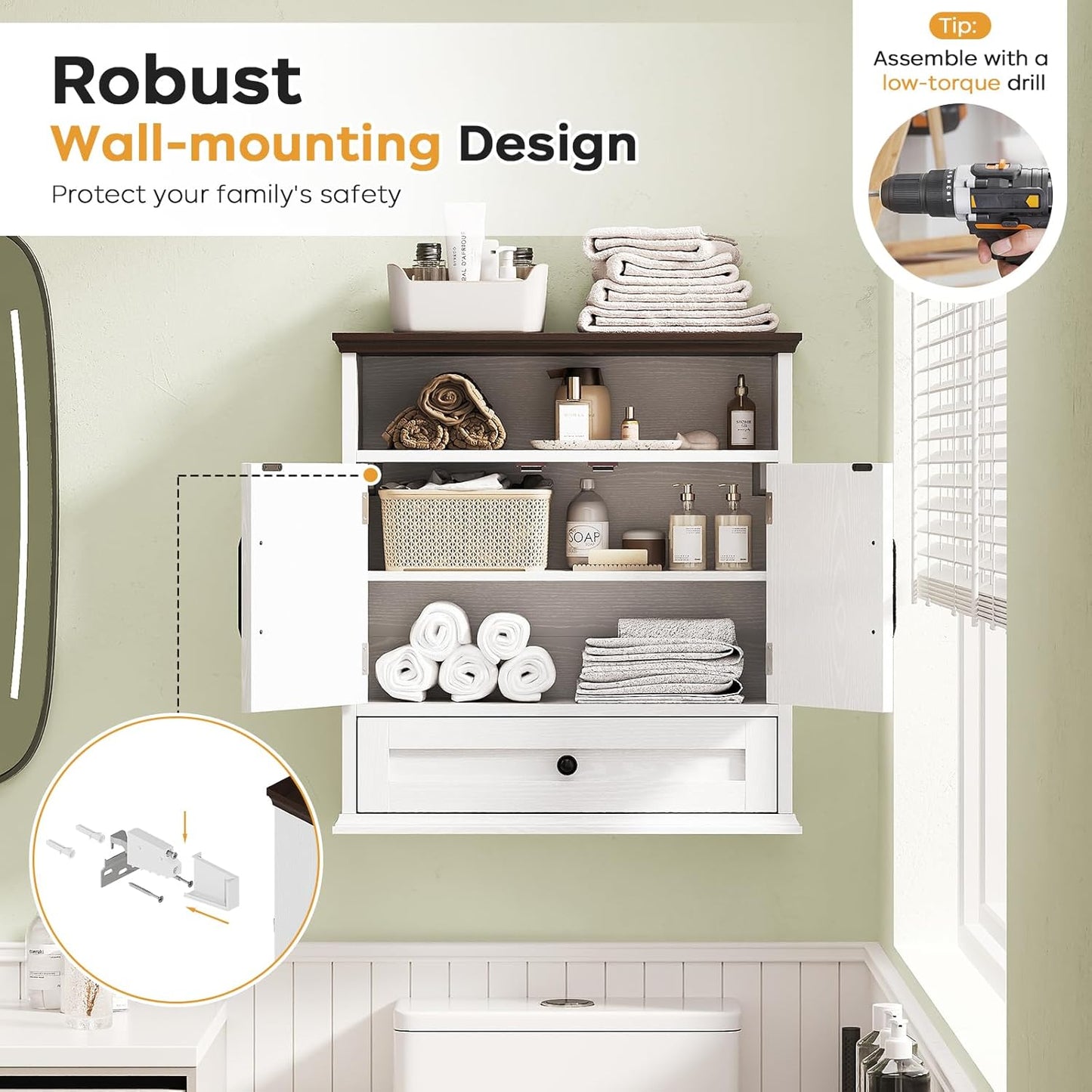 Bathroom Wall Cabinet, Wall Mounted Medicine Cabinet with Drawer, Barn Doors & Adjustable Shelf, 24.4"H x 23.6"W x 9"D White Over Toilet Farmhouse Storage Cabinet for Kitchen, Laundry Room, Entryway