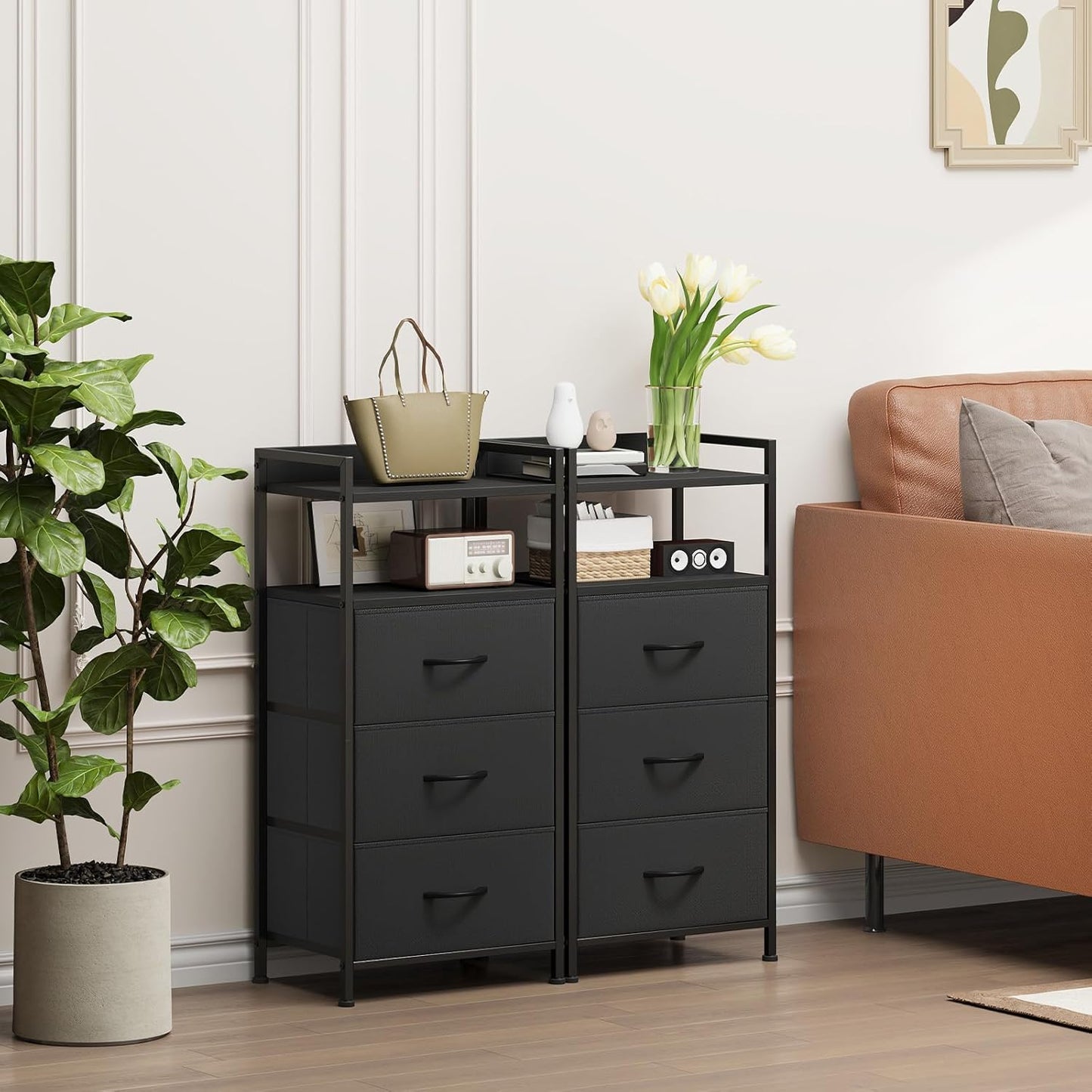 Somdot Nightstand with 3 Drawers, Dresser with Fabric Bins for Bedroom, Hallway, Entryway, Nightstand Bedside Table Furniture, Sturdy Steel Frame, Wooden Top, Easy Pull Fabric Bins, Black