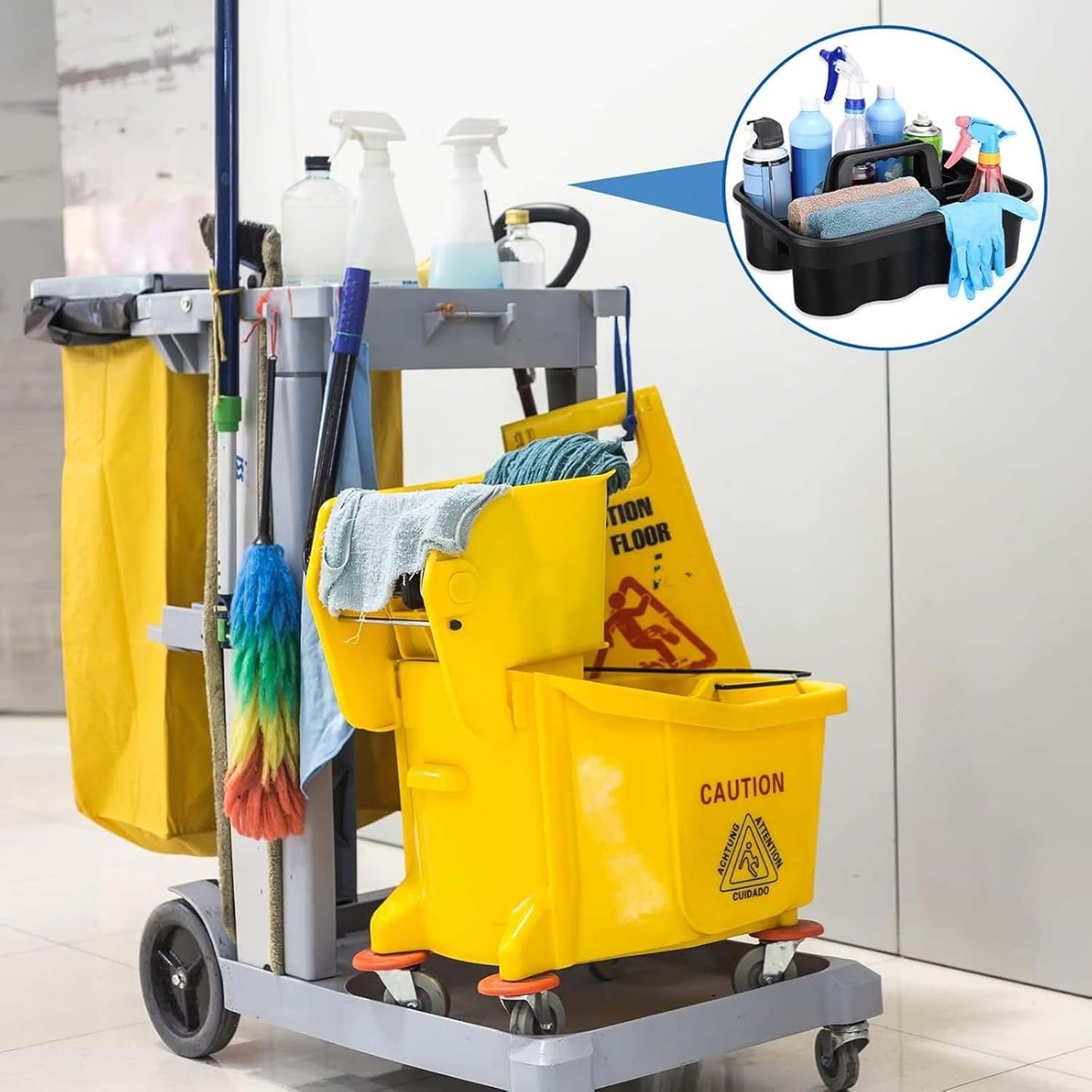 Wesiti 6 Pcs Cleaning Caddy with Handle Large Plastic Housekeeping Shower Basket Cleaning Supplies Organizer for Spray Bottles Brush Home Bathroom Office, Black