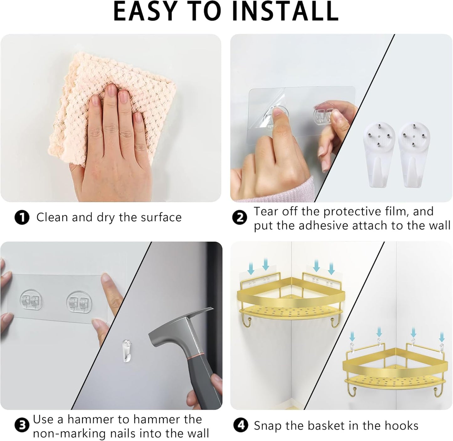 Corner Shower Shelves, 2-Tier Gold Shower Candy with 4 Hooks, Stainless Steel Bathroom Shower Organizers, Wall Mounted Caddy Shelves No Drilling with Adhesive, Triangle Storage Shelf for Toilet