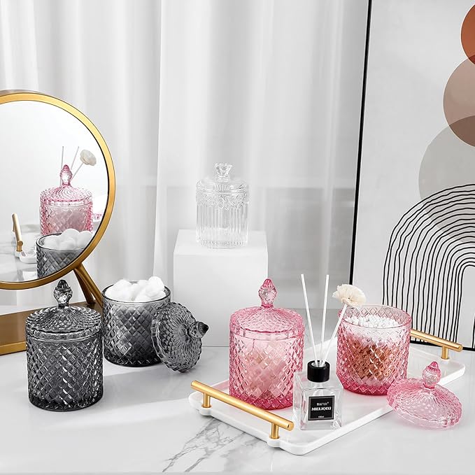 Qtip Holder Glass Apothecary Jars with Lid for Bathroom Canisters Dispenser Decor, Storage Organizer for Cotton Swabs, Balls, Pads, Floss Picks, Candy, Pink