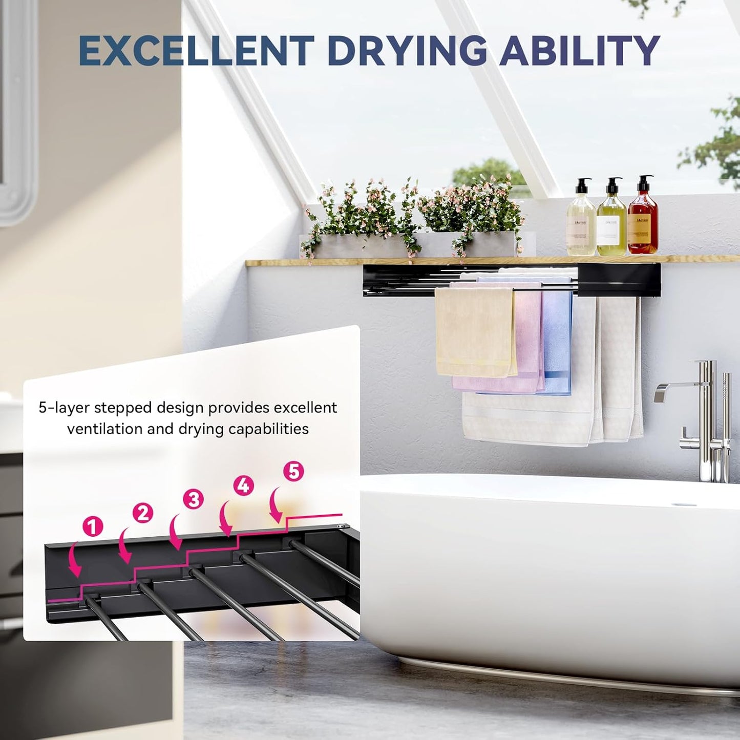 APEXCHASER Wall Mounted Clothes Drying Rack, Laundry Drying Rack Foldable, Towel Racks for Bathroom Balcony Laundry Shower Tub Wall Mount, Collapsible Drying Rack for Clothing, 31.5", Matt Black