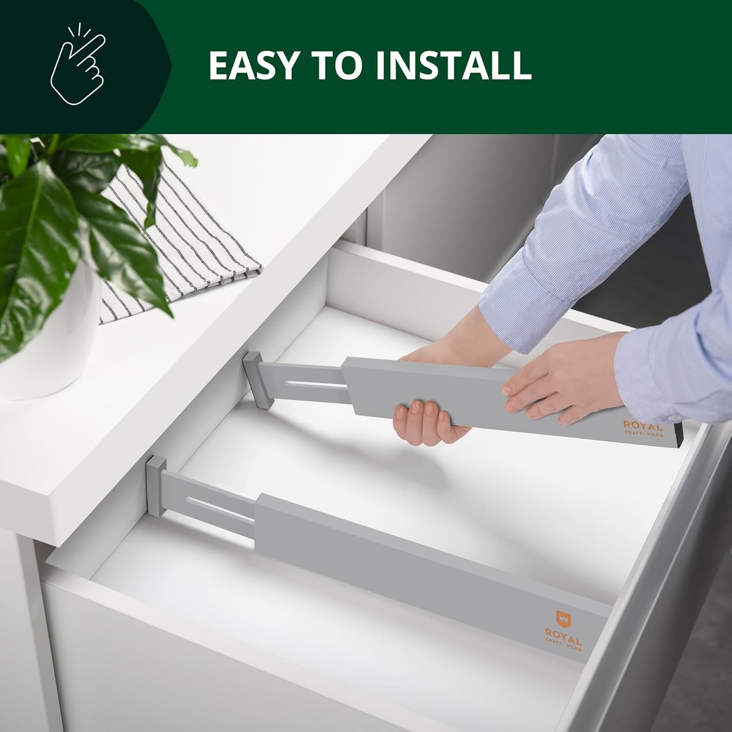 ROYAL CRAFT WOOD Adjustable Bamboo Drawer Dividers Organizers - Expandable Drawer Organization Separators For Kitchen, Dresser, Bedroom, Bathroom and Office, 4-Pack (Large (up to 22")) (Gray)