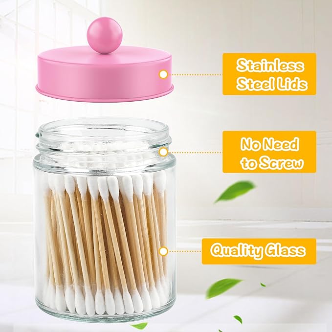 2 Pack Glass Apothecary Jars with Lids for Bathroom, Cute Qtip Holder, Pink Bathroom Accessories Set, Small Bathroom Canisters with Lids for Q-Tips, Cotton Swabs, Pink Bathhouses Decor