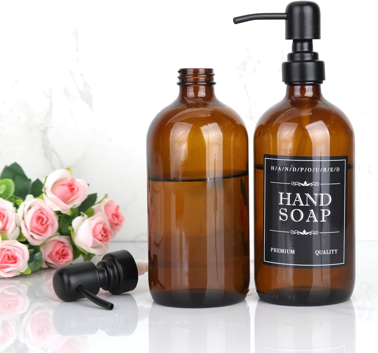 2 Pack Brown Glass Bottle, Soap Dispenser with Stainless Steel Pump,17 oz Upgrade Hand and Dish Soap Dispensers Kitchen, Hand Soap Dispenser Bathroom Accessories for Hotel, Vacation Rental, Restaurant