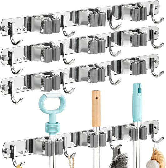 3 Pack Silver Mop and Broom Holder Wall Mount Self Adhesive 3 Racks with 4 Hooks Broom Organizer Wall Mount Stainless Steel Broom Hanger for Home Kitchen Garden Laundry Garage Organization Storage