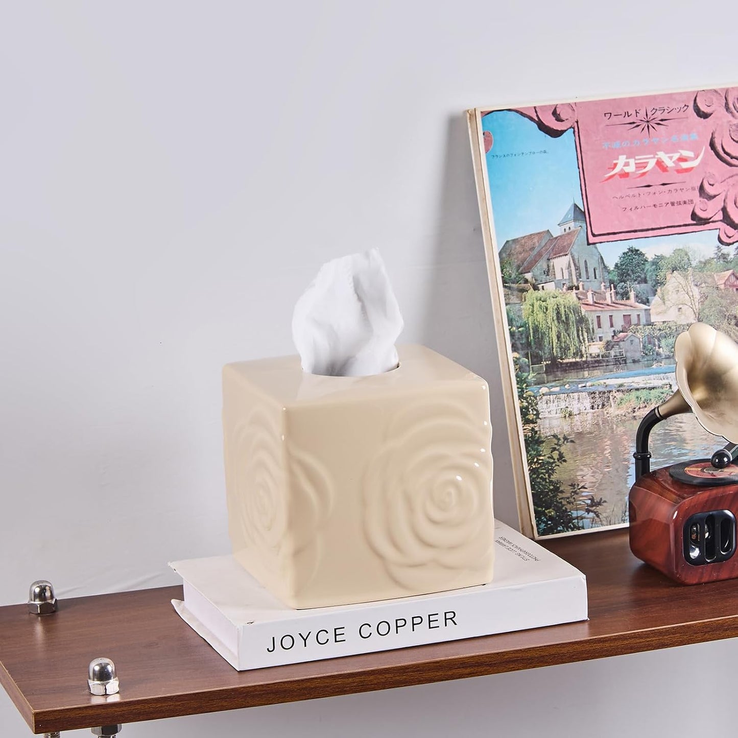 Beige Ceramic Cube Tissue Box Cover with Rose – Large Elegant Rose Floral Square Decorative Tissue Box Holder for Bathroom, Bedroom, Office Desk, Kitchen Counter – Perfect Housewarming Gift