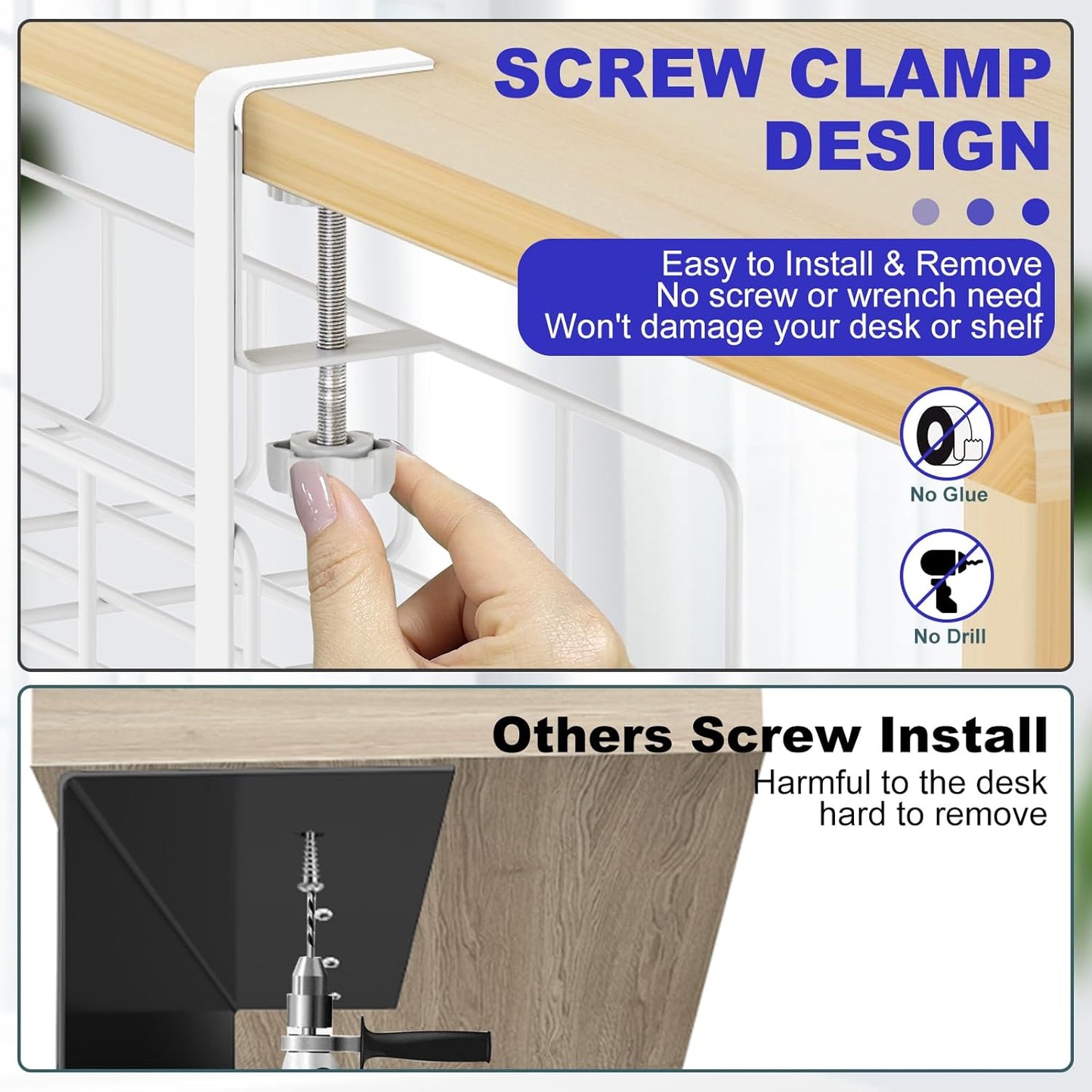 Under Desk Cable Management Tray, 31.5'' No Drill Steel Cable Tray Organizers, Wire Management Tray Cable Rack with Clamp Mount, Metal Under Desk Tray with Wire and Cord Organizer (White, 1 Pack)