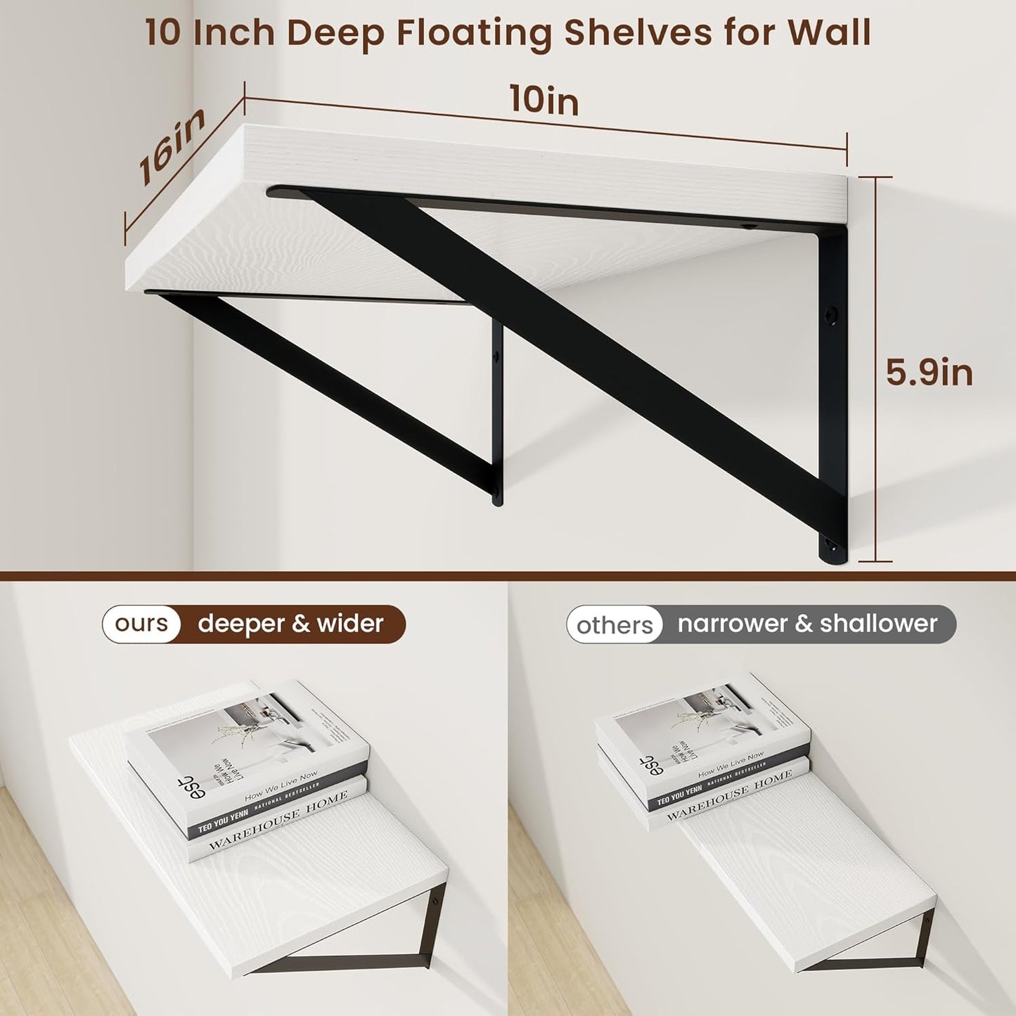 Axeman White Floating Shelves for Wall - 10 Inch Deep Floating Shelves Set of 2-16 Inch Wide x 10 Inch Deep White Wall Shelves for Living Room Bathroom Bedroom
