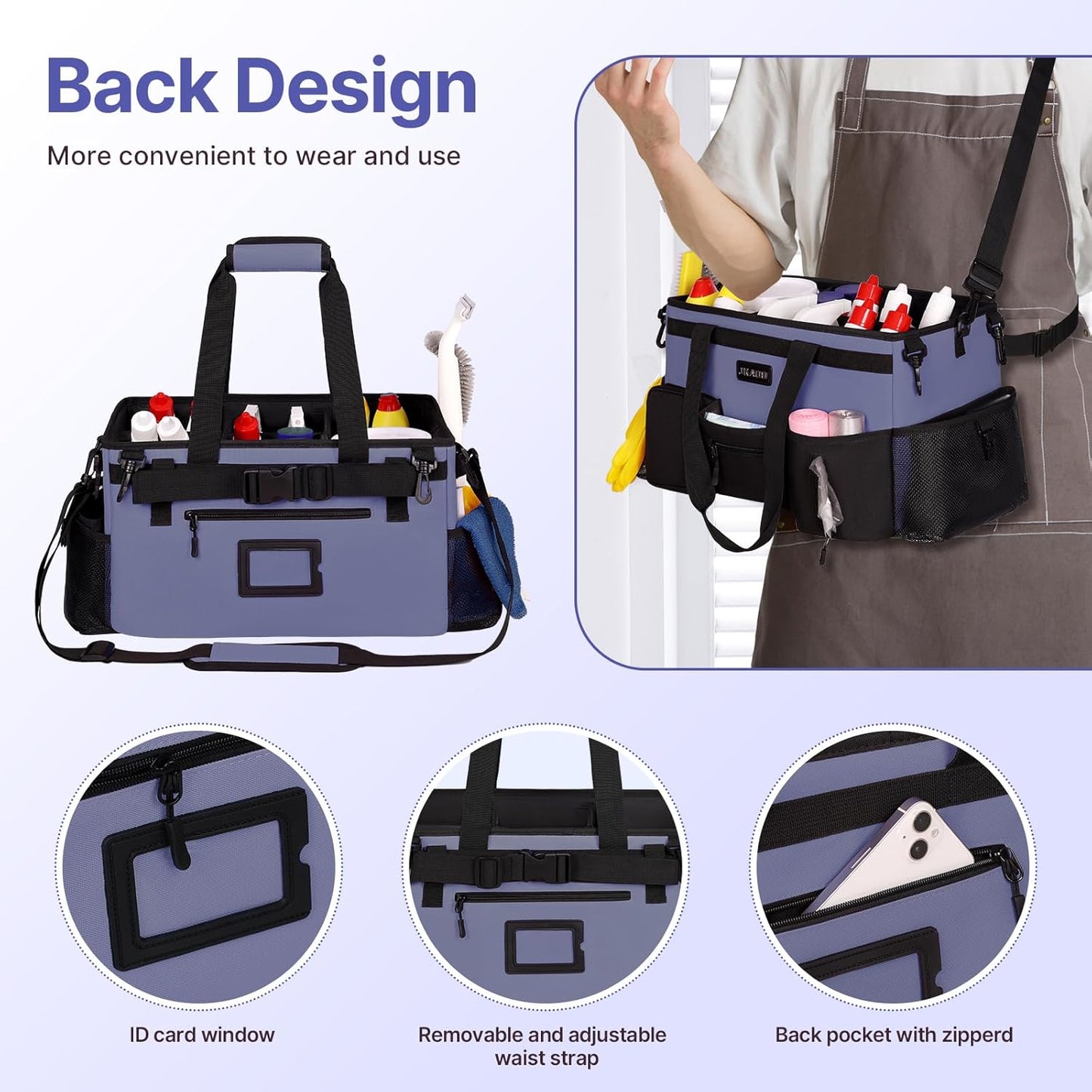 Large Wearable Cleaning Caddy Bags,Cleaning Supplies Storage Bag with Handles and Adjustable Shoulder Strap and Removable Waist Straps,Waterproof Cleaning Bags for Home,Car,Office (Denim Blue)