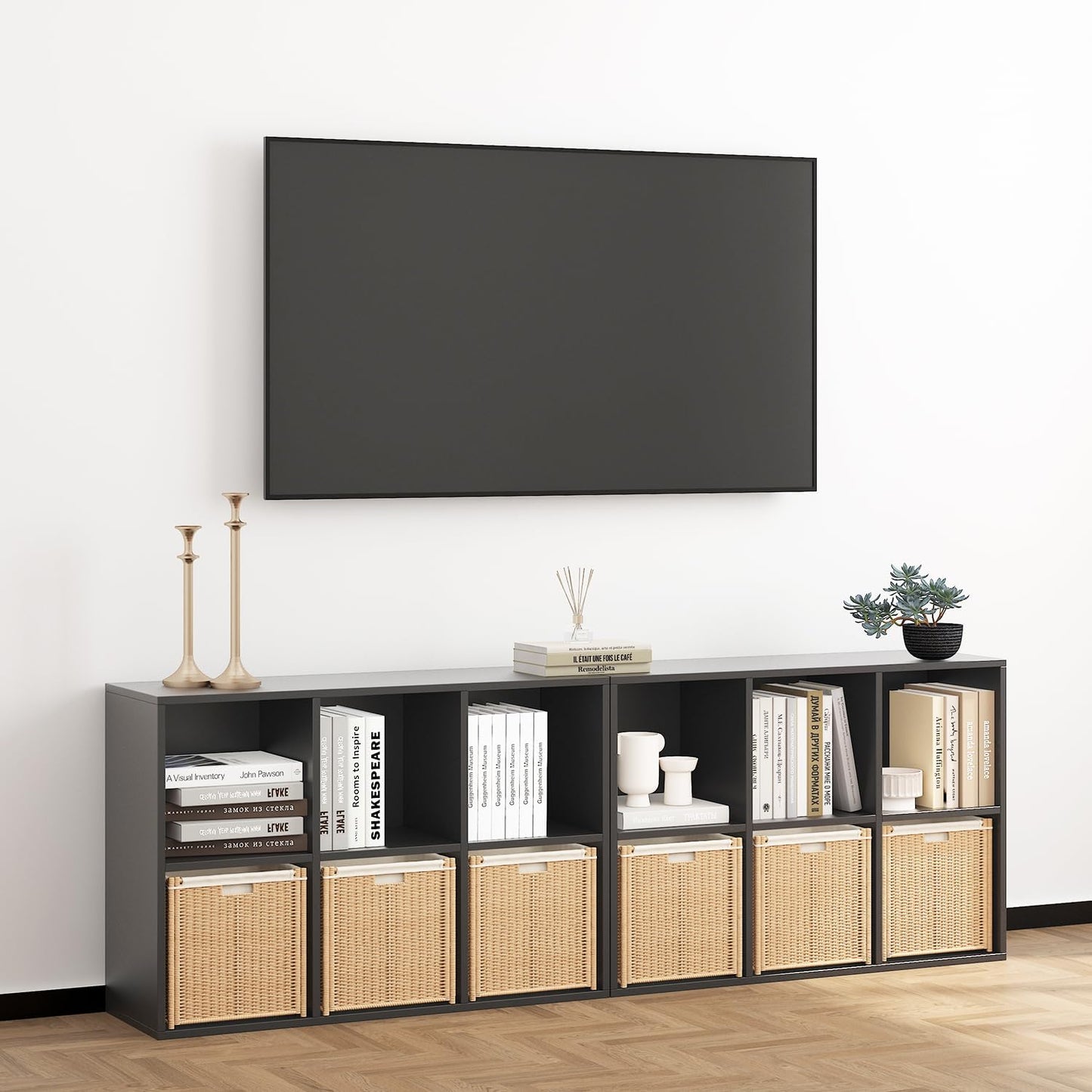 Wooden 6 Cube Storage Organizer with Closed Back Panel,Black Cube Shelf Heavy Duty Cubby Storage Organizer with Compartments for Living,Display Shelf,Bookshelf