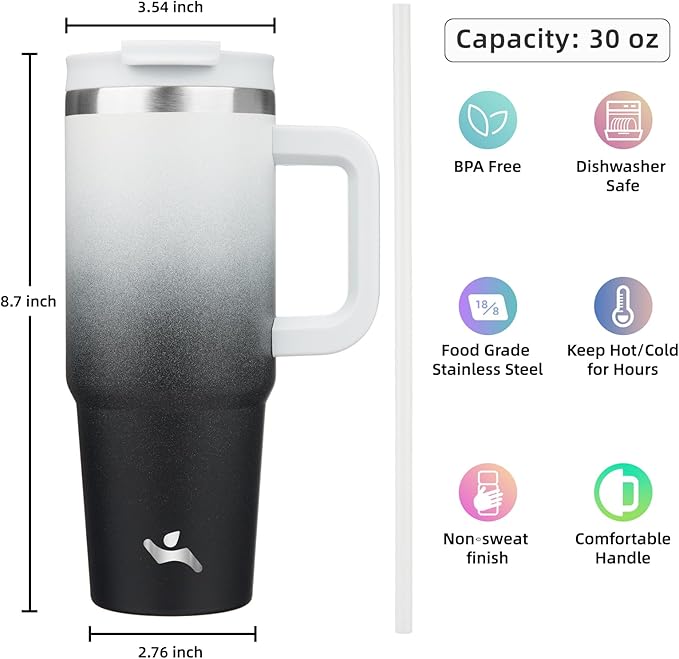 30 oz Tumbler with Handle and 2 Straws,2 in 1 Lid Insulated Water Bottle Stainless Steel Travel Coffee Mug,Day Night