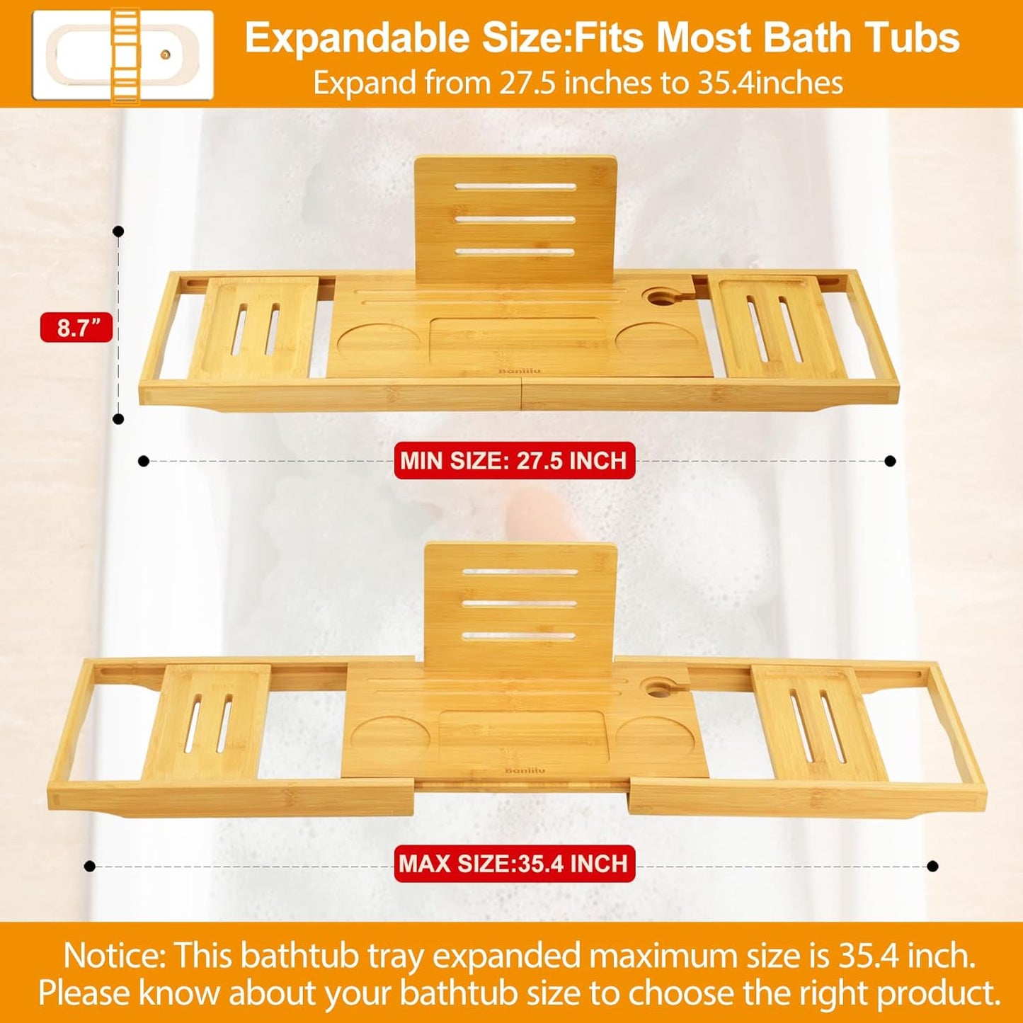 Bathtub Tray Caddy - Bath Tray - Bath Tub Tray Caddy - Bamboo Bath Table Tray for Tub - Expandable Size, Fits Most Tubs