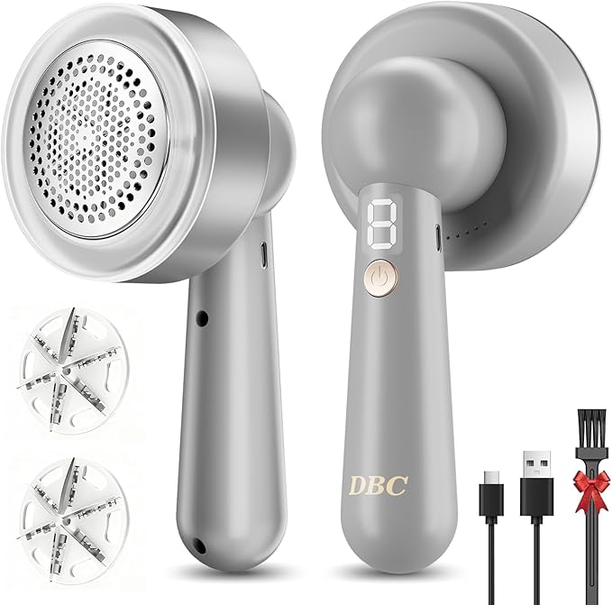 DBC Fabric Shaver, Lint Remover for Clothes with 3-Speeds and 6-Leaf Blades, 2hours runtime, 2 Replaceable Blades, Battery Operated, Sweater Shavers to Remove Pilling for Clothing, Lint Ball - Grey