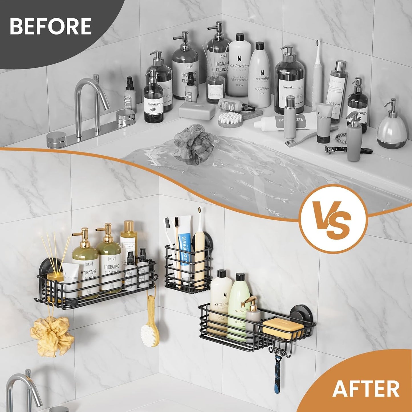 LEVERLOC Shower Caddy Suction Cup, 3 Pack Heavy Duty Bathroom Organizer for Inside Shower with Hooks & Soap Holder, Removable Bathroom Organizer, Rustproof Black Holder Storage