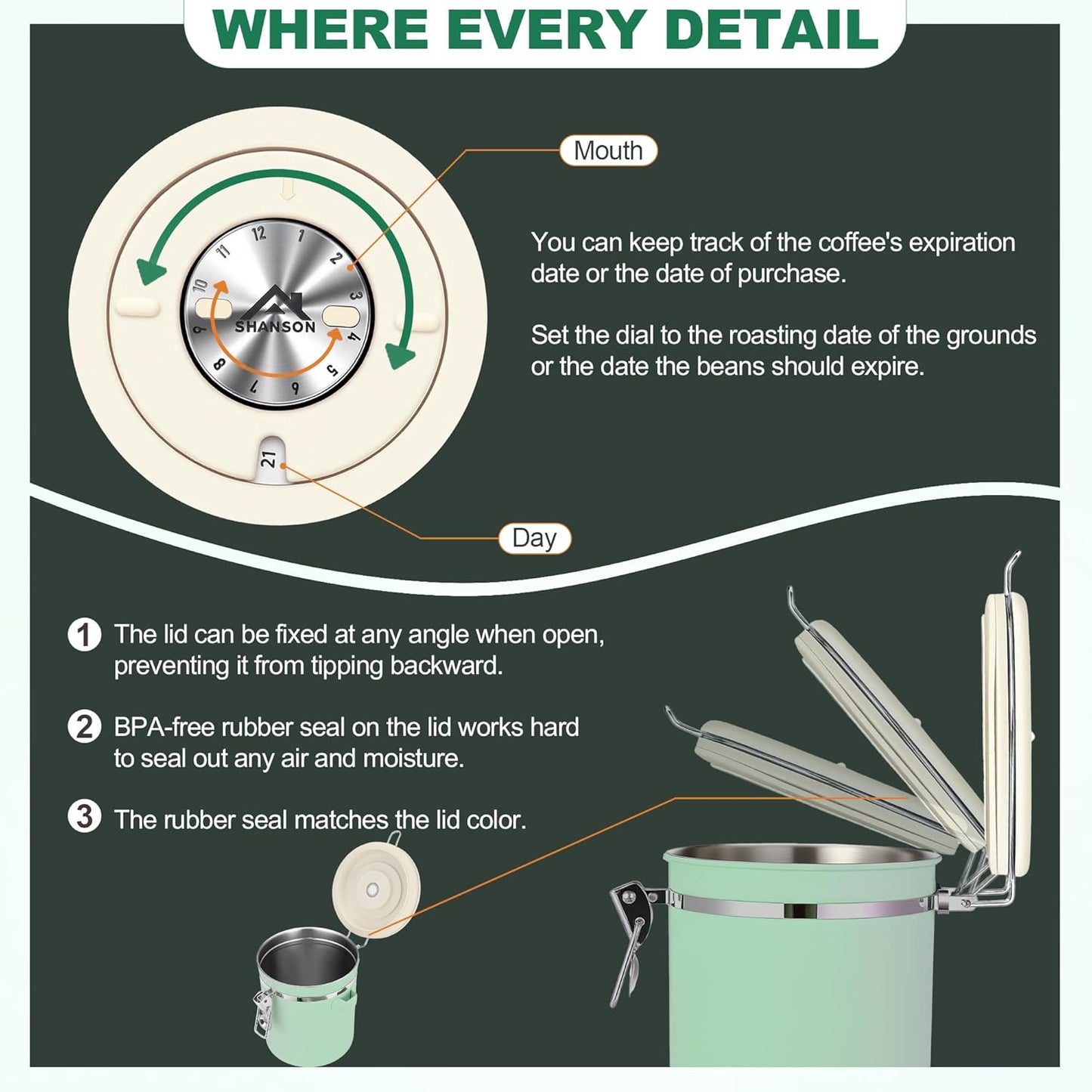 ShanSon Coffee Canister Airtight Coffee Container Stainless Steel Coffee Bean Storage Container with Scoop Coffee Canister for Beans Grounds Sugar Flour Tea Cereal,11OZ,Green