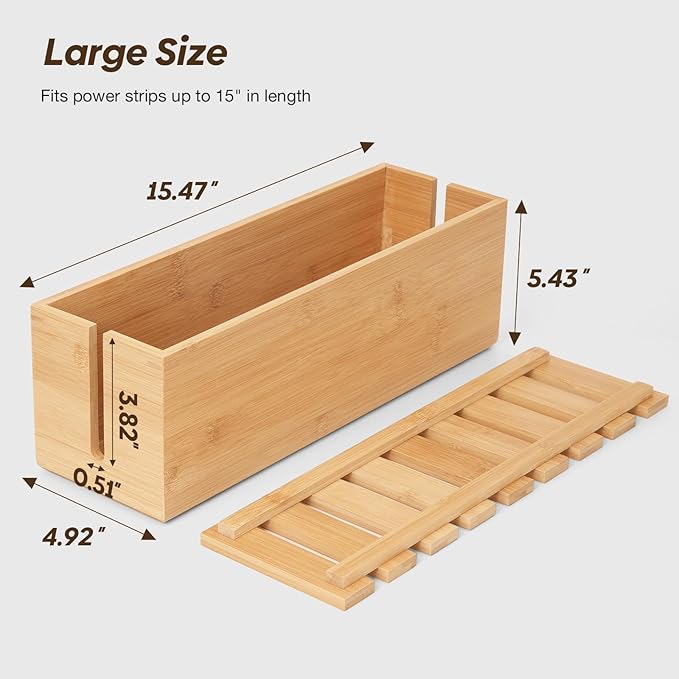 Extra Large Cable Management Box, Bamboo Cable Organizer Storage and Power Strip Box for Electrical Cord Management, Cord Hider Boxs Shelf for Desktop Home Office Kitchen