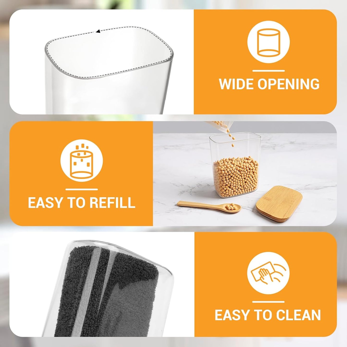 Rectangle Glass Storage Jars, 2 Pack 37oz Glass Containers with Bamboo Lids, Wide Mouth Food Storage Jars with Lids, Clear Kitchen Pantry Container for Cereal, Flour, Tea, Coffee Bean, Oatmeal