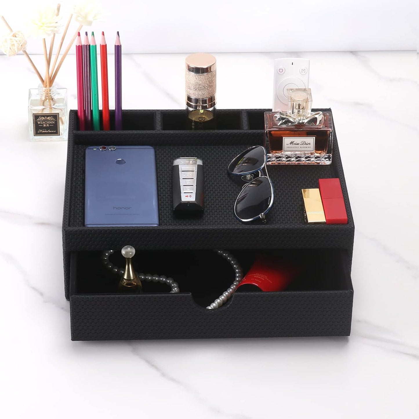 Leather Desk Organizer With Drawers, Home Cosmetics Organizer, Phone Remote Organizer, Drawer Plus Divider & Tray (black)