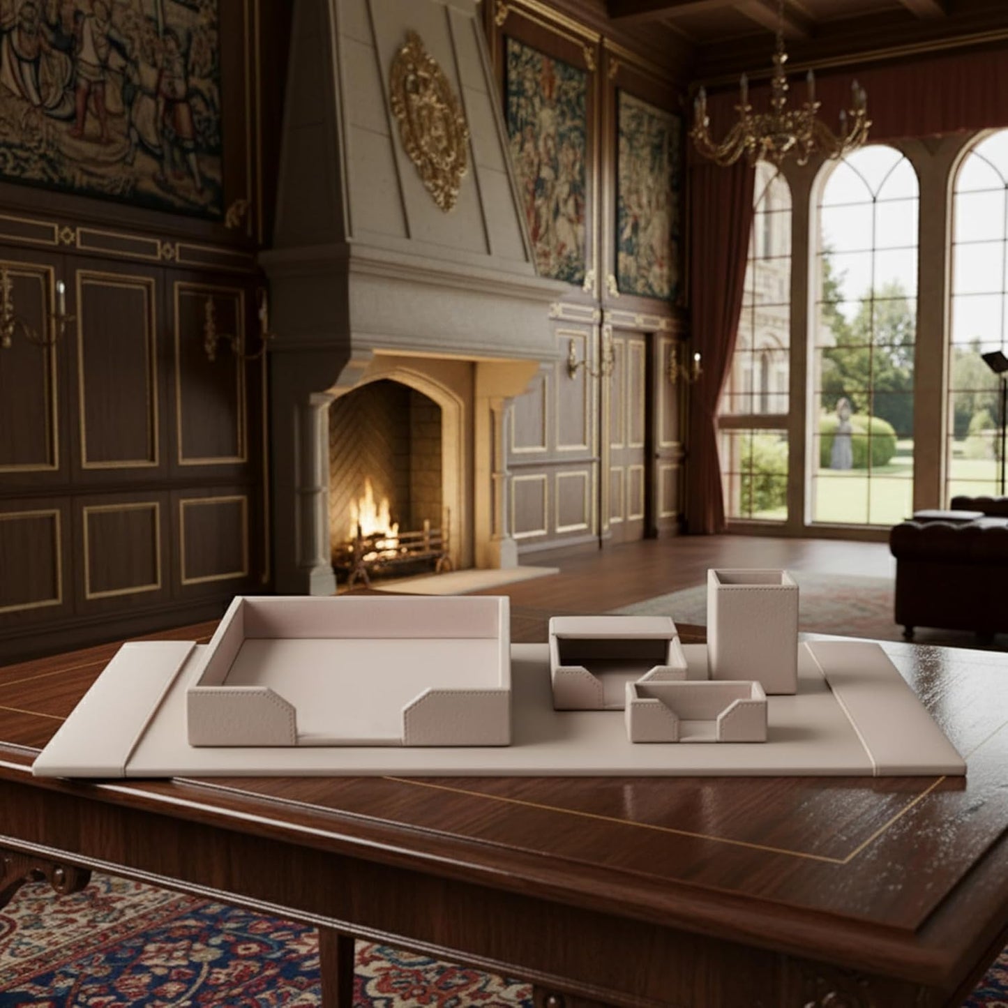 DACASSO Bonded Leather Desk Set - Luxury Leather Desk Pad & Desk Organization Essentials (White Latte, 5 Piece)