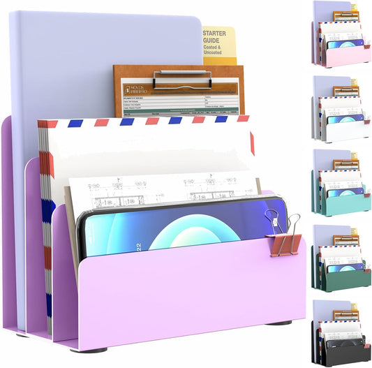 Mail Organizer Countertop, Small Desk File Organizer, Metal File Holder - Essential Workspace Organizers for Office Desk, Home Office (Purple)