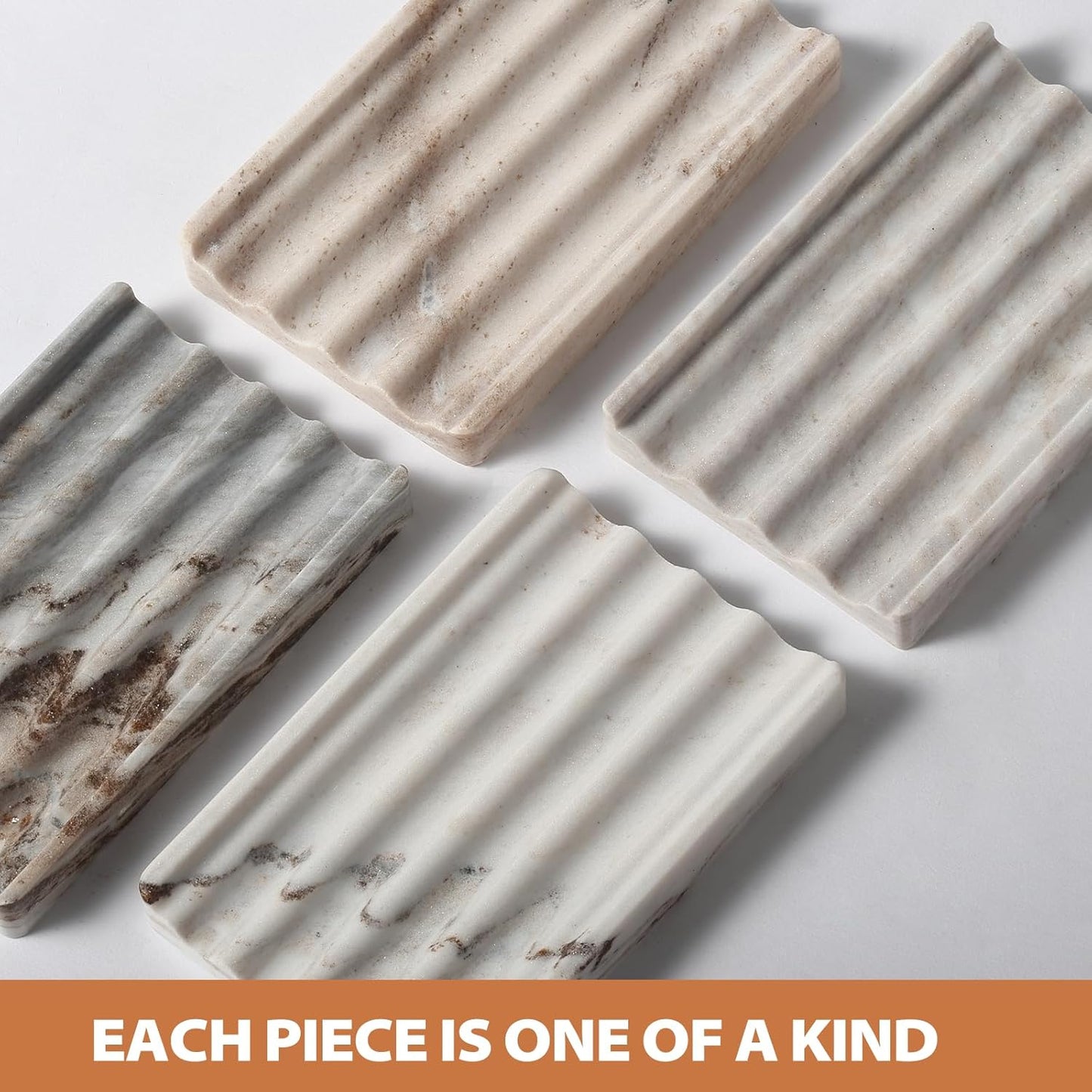 2PCS Koville Italian Natural Marble Soap Dish for Shower, Multi-Color Stone Soap Tray for Bathroom, Bar Soap Holder for Sink, Stripe Grooves Soap Saver Sponge Holder (White/Brown Random)