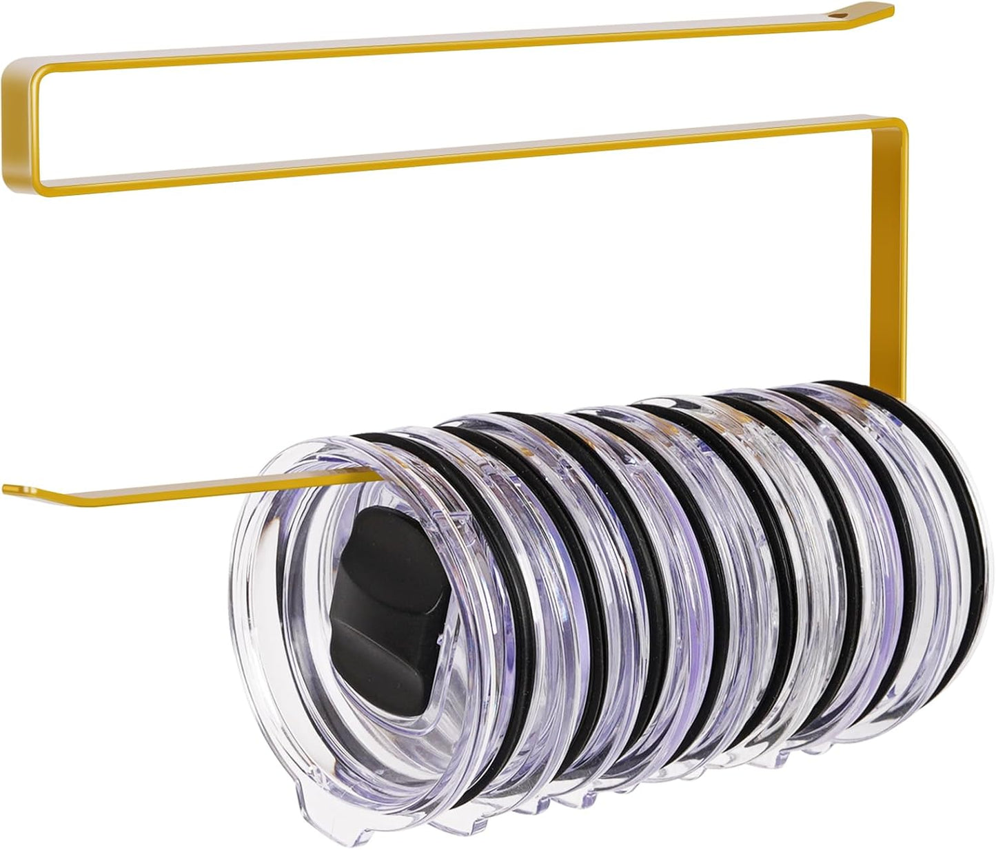 Tumbler Lid Organizer, Horizontal Tumbler Lid Storage Hook Up to 10 Lids, Space Saving Cup Lid Holders Under Cabinet Tumbler Lid Hook for Kitchen Organizer and Storage, Paper Towel Rack Hanger (Gold)